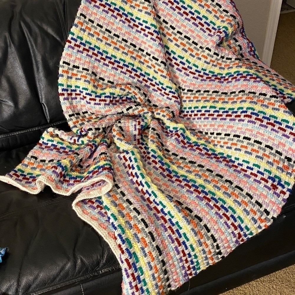 VTG Hand Knit Blanket Afghan Granny Throw Blanket 54" X 39" Rainbow cottage Gift